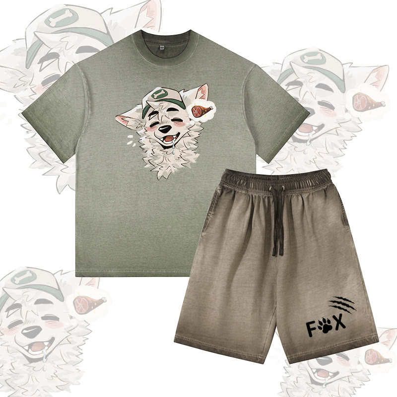 MODAKAWA X atka Fox Wants Meat Grafik Vintage Washed T-Shirt FOX Letter Grafik Shorts Gradient Zweiteiliges Set - Olive Green - 5XL - image 1