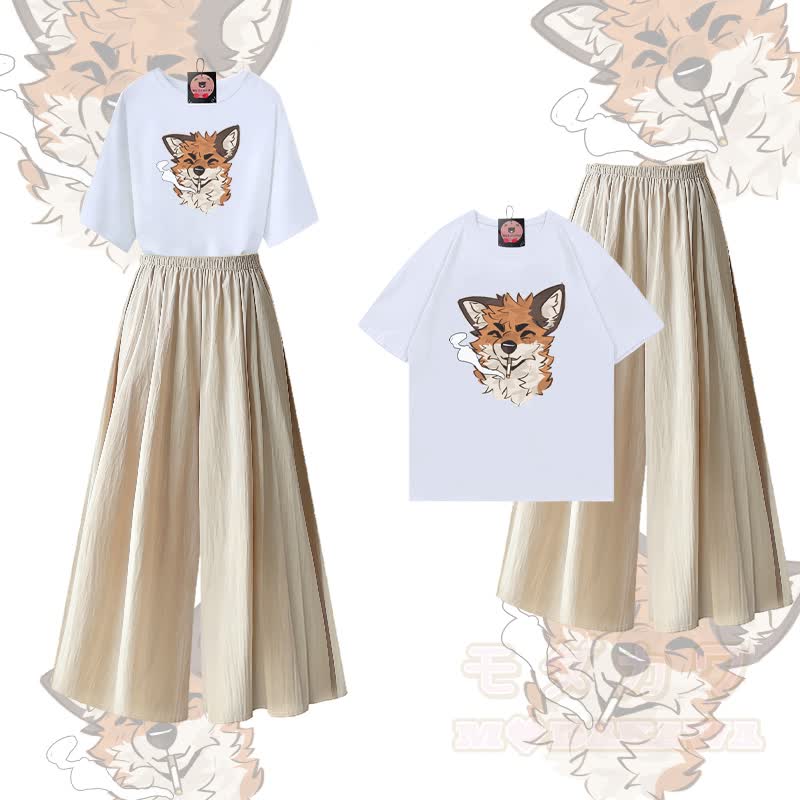 MODAKAWA X atka Fox Smoking Graphic 100% Baumwolle T-Shirt und weite Hose Zweiteiliges Set - Weiß & Aprikose - XL - image 2