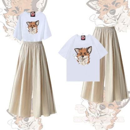 MODAKAWA X atka Fox Smoking Graphic 100% Baumwolle T-Shirt und weite Hose Zweiteiliges Set - Weiß & Aprikose - XL - image 2