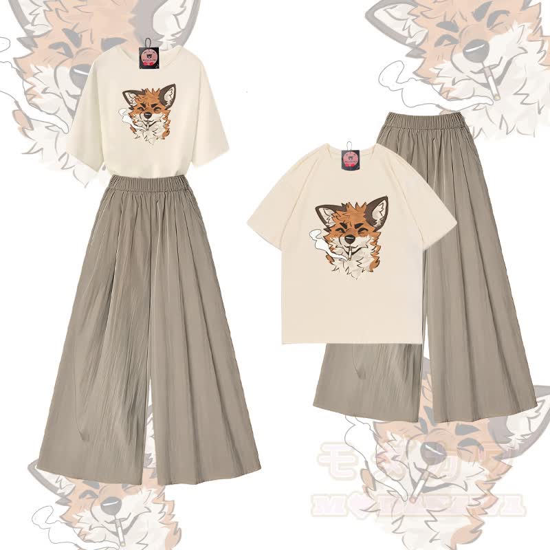 MODAKAWA X atka Fox Smoking Graphic 100% Baumwolle T-Shirt und weite Hose Zweiteiliges Set - Aprikosen- und Olivgrün - XL - image 1