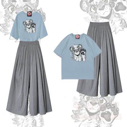 MODAKAWA X atka Tiger Paw Graphic 100% Baumwolle T-Shirt und weite Hose Zweiteiliges Set - Hellblau, Grau & Grau - XL - image 2