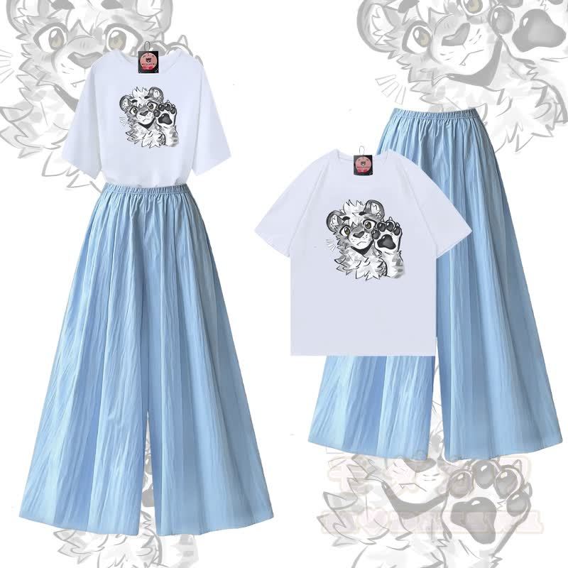MODAKAWA X atka Tiger Paw Graphic 100% Baumwolle T-Shirt und weite Hose Zweiteiliges Set - Weiß & Blau - XL - image 1