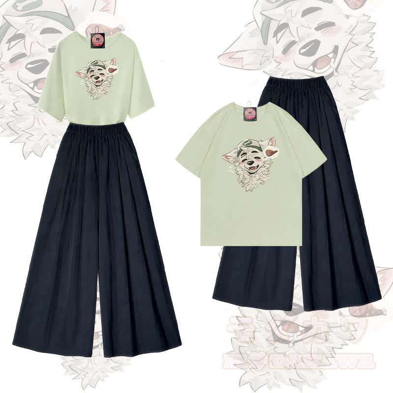 MODAKAWA X atka Fox Wants Meat Grafik-T-Shirt aus 100 % Baumwolle und weite Hose, zweiteiliges Set - Hellgrün & Schwarz - XL - image 1