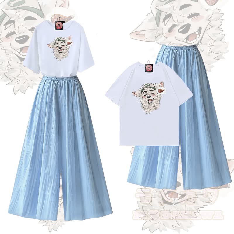 MODAKAWA X atka Fox Wants Meat Grafik-T-Shirt aus 100 % Baumwolle und weite Hose, zweiteiliges Set - Weiß & Blau - XL - image 2