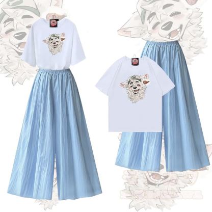 MODAKAWA X atka Fox Wants Meat Grafik-T-Shirt aus 100 % Baumwolle und weite Hose, zweiteiliges Set - Weiß & Blau - XL - image 2