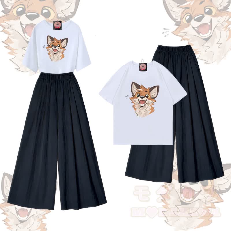 MODAKAWA X atka Happy Fox Graphic 100% Baumwolle T-Shirt und weite Hose Zweiteiliges Set - Weiß & Schwarz - XL - image 2