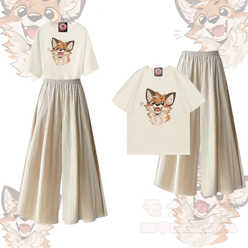 MODAKAWA X atka Happy Fox Graphic 100% Baumwolle T-Shirt und weite Hose Zweiteiliges Set - Hellbeige & Aprikose - XL - image 1