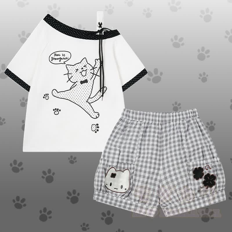 Polka Dot Cat Graphic One Shoulder T-Shirt Kitty Gingham Shorts Modakawa Matching Outfit - Satz B - L - image 2