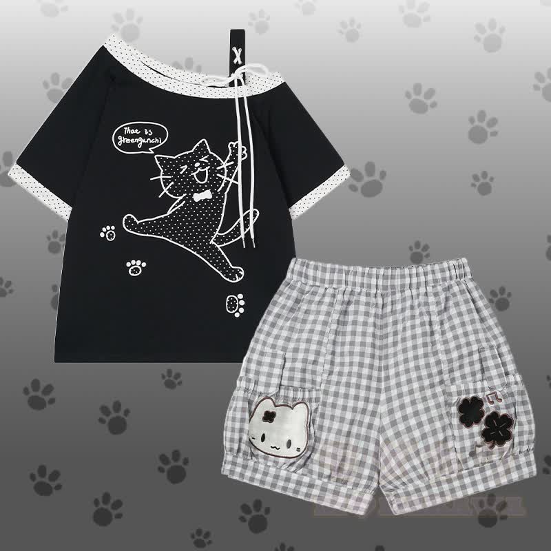 Polka Dot Cat Graphic One Shoulder T-Shirt Kitty Gingham Shorts Modakawa Matching Outfit - Satz A - L - image 1