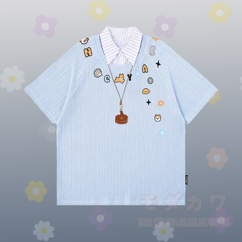 Polo-Shirt mit Welpen-Grafikstreifen, bestickte Jeans, kurze Hose, passendes Outfit von Modakawa - Blaues T-Shirt - XL - image 3