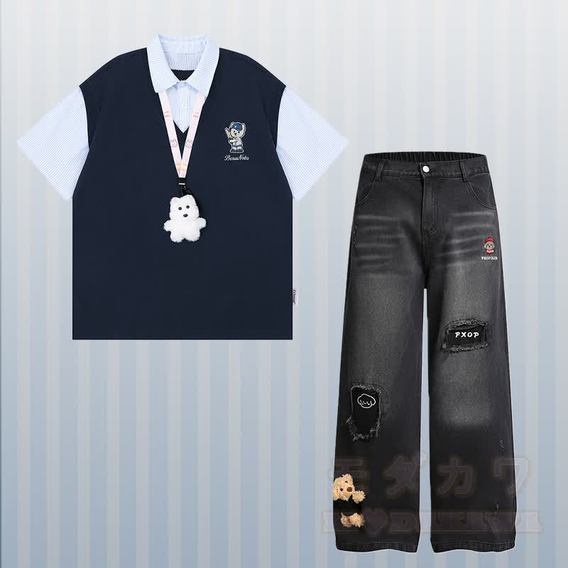 Polo-Shirt mit Welpenstickerei, Streifenmuster und Farben -Design, dazu passendes Outfit von Modakawa - Satz B - XL - image 2