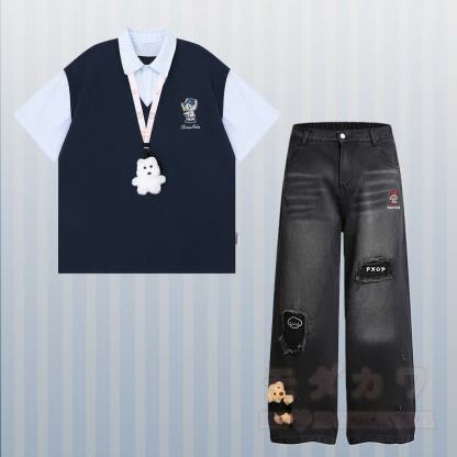Polo-Shirt mit Welpenstickerei, Streifenmuster und Farben -Design, dazu passendes Outfit von Modakawa - Satz B - XL - image 2