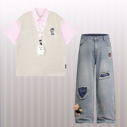 Polo-Shirt mit Welpenstickerei, Streifenmuster und Farben -Design, dazu passendes Outfit von Modakawa - Satz A - XL - image 1
