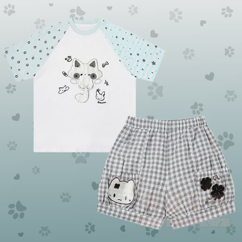 Raglan-T-Shirt mit Katzenmotiv, karierte Shorts und passendes Outfit von Modakawa - Satz B - L - image 2
