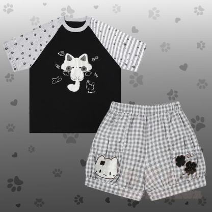 Raglan-T-Shirt mit Katzenmotiv, karierte Shorts und passendes Outfit von Modakawa - Satz A - L - image 1