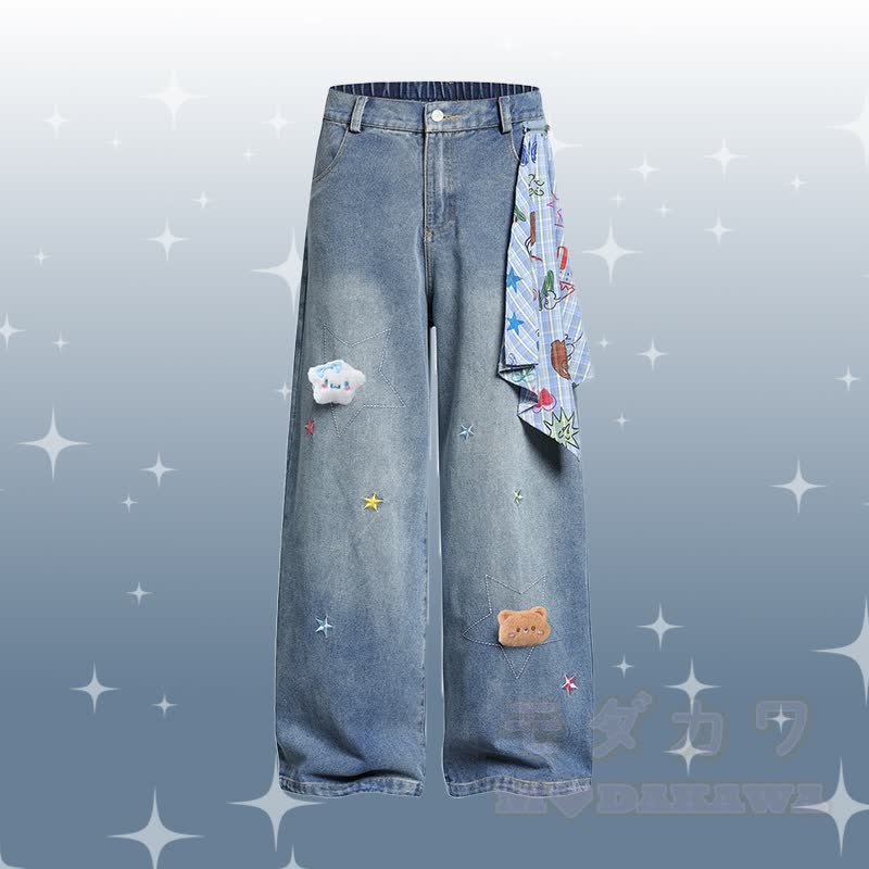 Flock Puppy Gingham Grafik-Polo-Shirt, Star Denimhose, Modakawa passendes Outfit - Blaue Hose - XL - image 8