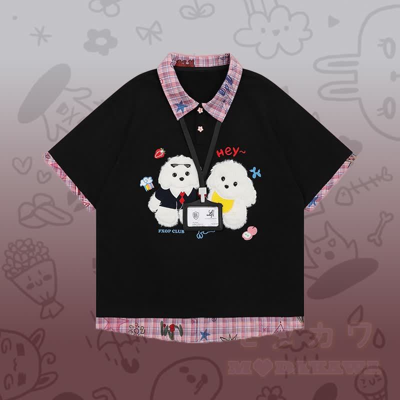 Flock Puppy Gingham Grafik-Polo-Shirt, Star Denimhose, Modakawa passendes Outfit - Schwarzes T-Shirt - XL - image 5