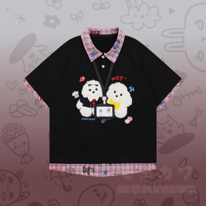 Flock Puppy Gingham Grafik-Polo-Shirt, Star Denimhose, Modakawa passendes Outfit - Schwarzes T-Shirt - XL - image 5