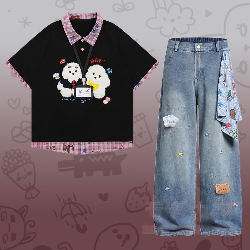 Flock Puppy Gingham Grafik-Polo-Shirt, Star Denimhose, Modakawa passendes Outfit - Satz B - XL - image 2