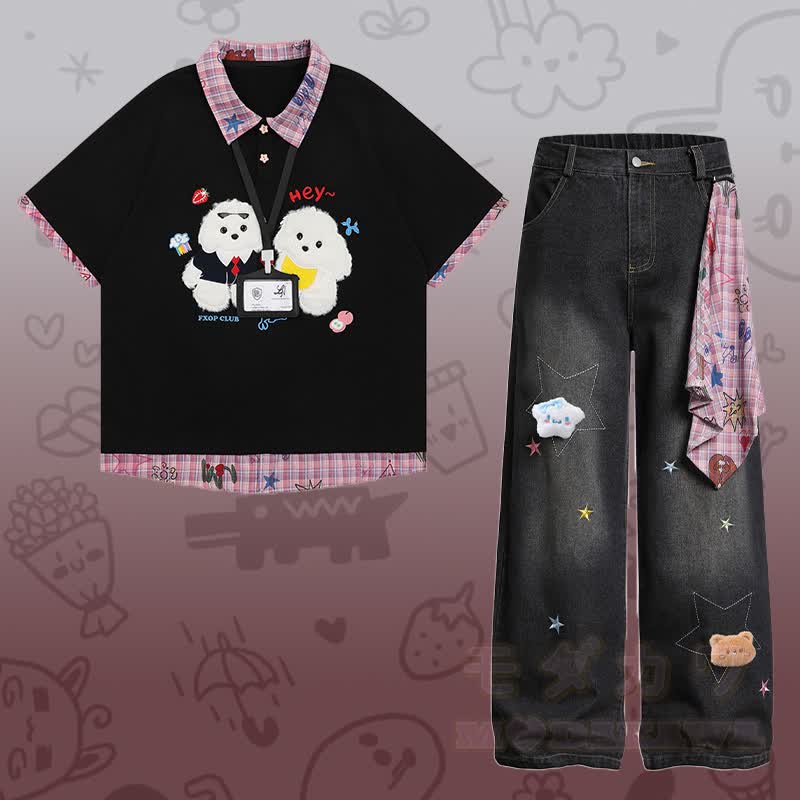 Flock Puppy Gingham Grafik-Polo-Shirt, Star Denimhose, Modakawa passendes Outfit - Satz A - XL - image 1