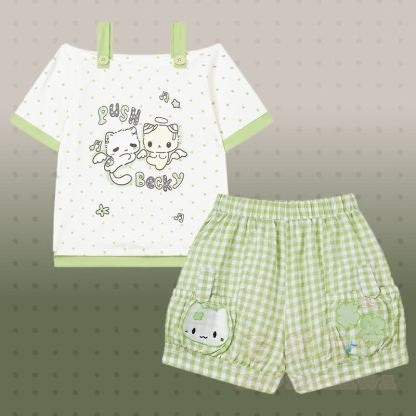 Polka Dot Cat Graphic Top Kitty Gingham Shorts Modakawa Matching Outfit - Satz A - L - image 1