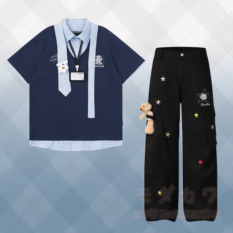 Polo-Shirt mit Katzenmotiv, kariert , Farben abgesetzt, 3D-Bärenstern-Jeans, Modakawa-Partnerlook - Satz A - XL - image 1