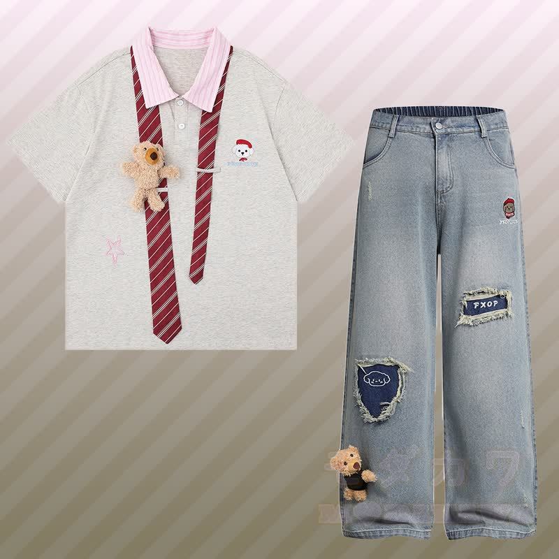 3D-Bärenstreifen-Krawatte, Farben abgesetztes Polo-Shirt, zerrissene Jeans, Modakawa-Partnerlook - Satz B - XL - image 2