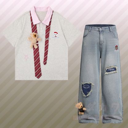 3D-Bärenstreifen-Krawatte, Farben abgesetztes Polo-Shirt, zerrissene Jeans, Modakawa-Partnerlook - Satz B - XL - image 2