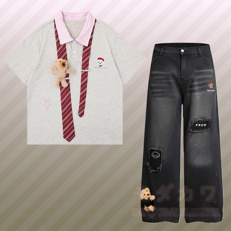 3D-Bärenstreifen-Krawatte, Farben abgesetztes Polo-Shirt, zerrissene Jeans, Modakawa-Partnerlook - Satz A - XL - image 1