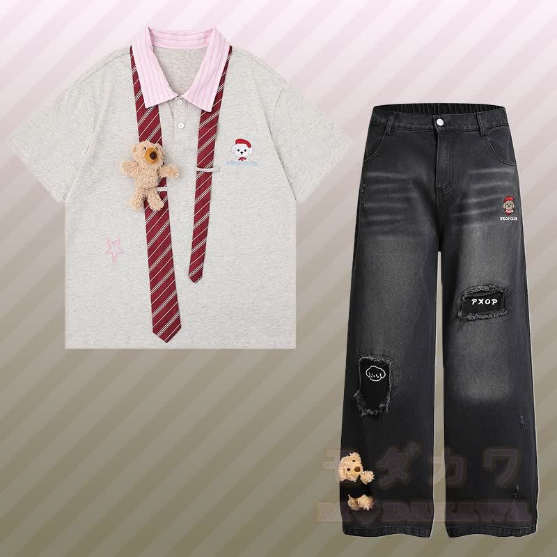 3D-Bärenstreifen-Krawatte, Farben abgesetztes Polo-Shirt, zerrissene Jeans, Modakawa-Partnerlook - Satz A - XL - image 1