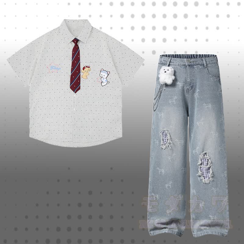 Krawatte mit Welpenstickerei, kariertes Hemd, 3D-Bärenkette, zerrissene Jeans, Modakawa-Partnerlook - Satz B - XL - image 2