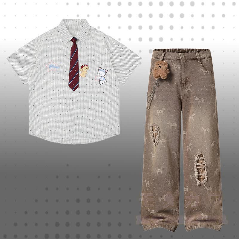 Krawatte mit Welpenstickerei, kariertes Hemd, 3D-Bärenkette, zerrissene Jeans, Modakawa-Partnerlook - Satz A - XL - image 1