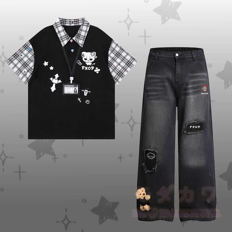 Demon Kitty Grafik- Farben Block-Polo-T-Shirt, zerrissene Jeans, Modakawa passendes Outfit - Satz D - XL - image 4