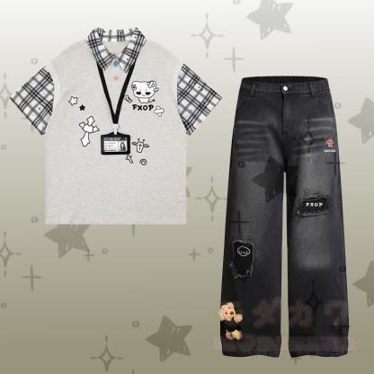 Demon Kitty Grafik- Farben Block-Polo-T-Shirt, zerrissene Jeans, Modakawa passendes Outfit - Satz B - XL - image 2