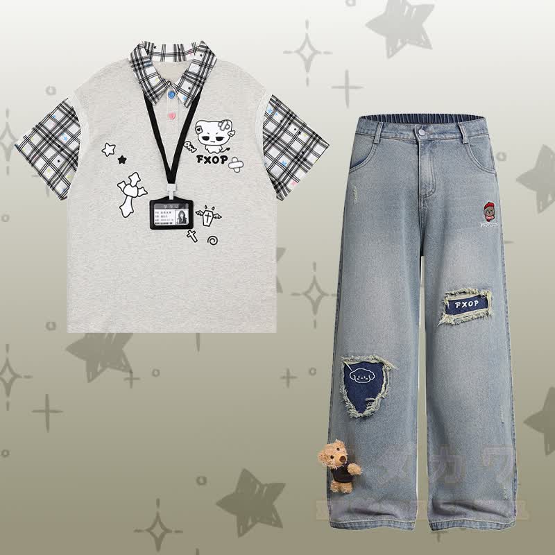 Demon Kitty Grafik- Farben Block-Polo-T-Shirt, zerrissene Jeans, Modakawa passendes Outfit - Satz A - XL - image 1