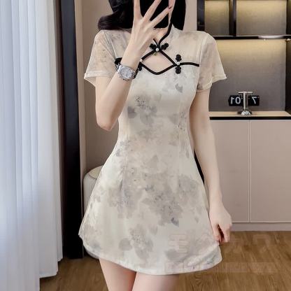 Vintage Cheongsam-Kleid mit Blumenmuster, zweiteiliges Set - Beige - 2XL - image 1