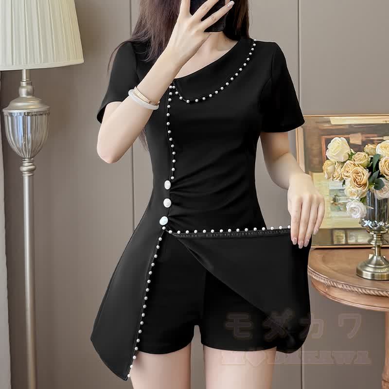Zweiteiliges Set aus unregelmäßigem Perlen-Cheongsam-Kleid - Schwarz - 3XL - image 2