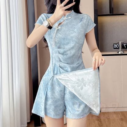 Vintage Cheongsam-Kleid mit Schnallen, zweiteiliges Set - Blau - 2XL - image 2