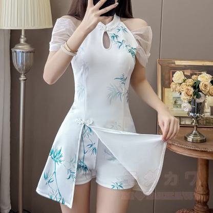 Vintage Cheongsam-Kleid aus Bambus, zweiteilig - Weiß - 3XL - image 2