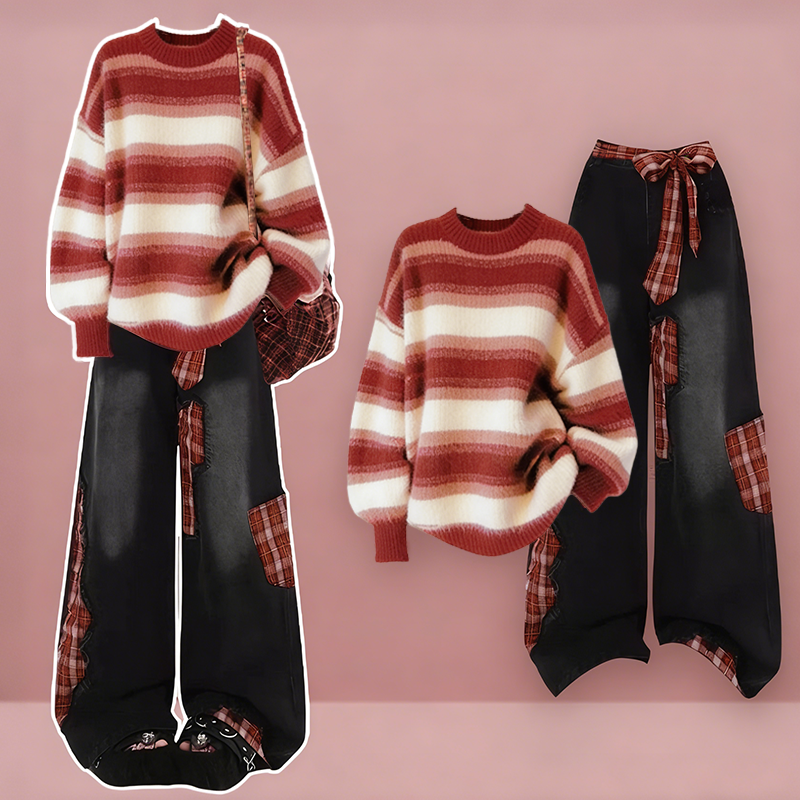 Gestreifter Strickpullover, karierte Jeans, passendes Outfit - Set - XL - image 1