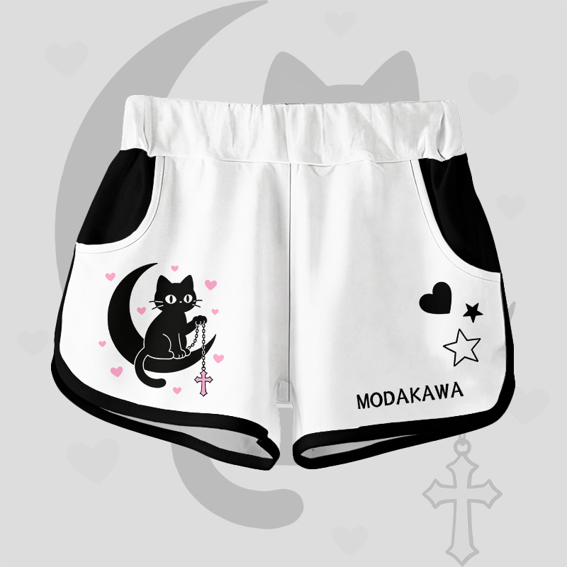 Modakawa Shorts mit Farbverlauf, schwarzer Katzen- und Mondgrafik - White A - 5XL - image 9