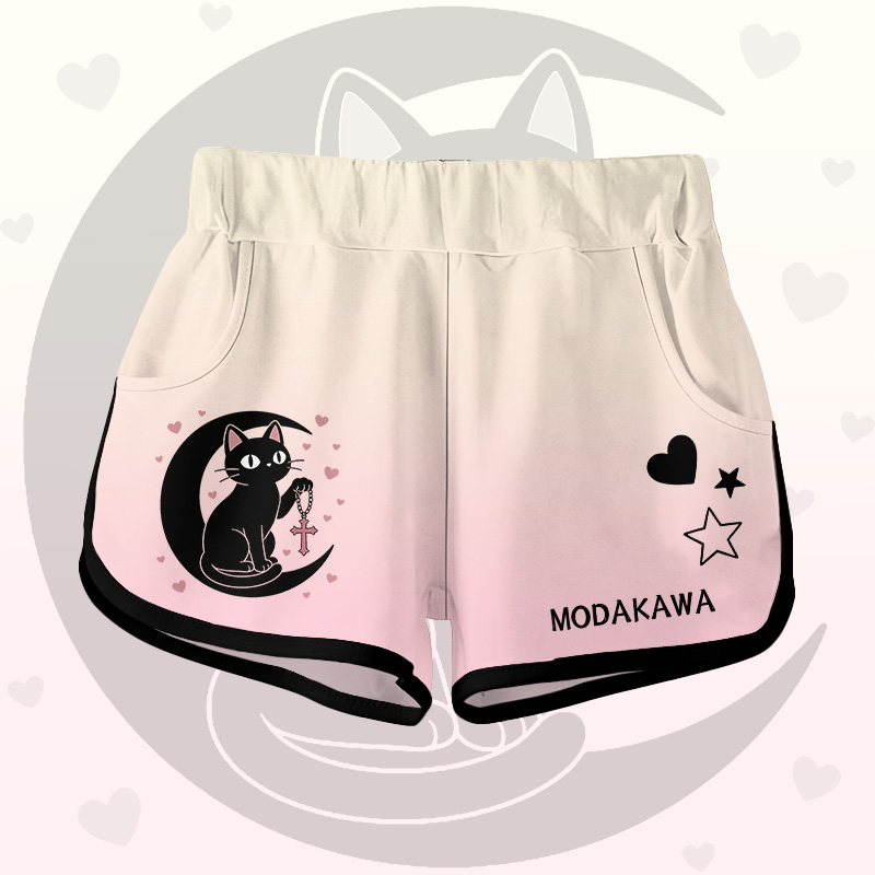 Modakawa Shorts mit Farbverlauf, schwarzer Katzen- und Mondgrafik - Pink B - 5XL - image 4