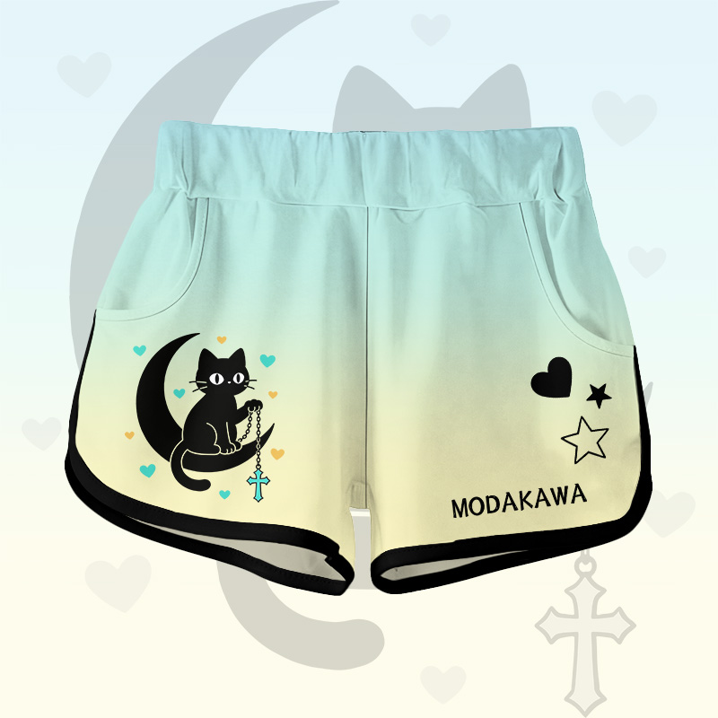 Modakawa Shorts mit Farbverlauf, schwarzer Katzen- und Mondgrafik - Green B - 5XL - image 2