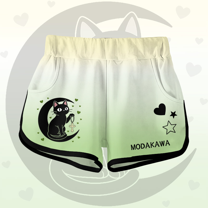 Modakawa Shorts mit Farbverlauf, schwarzer Katzen- und Mondgrafik - Green A - 5XL - image 1