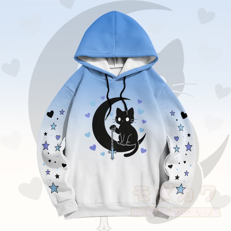 Modakawa Pullover-Hoodie mit Farbverlauf, schwarzer Katze und Mond-Grafik - Blau B - 6XL - image 5