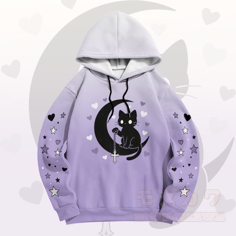 Modakawa Pullover-Hoodie mit Farbverlauf, schwarzer Katze und Mond-Grafik - Lila C - 6XL - image 3
