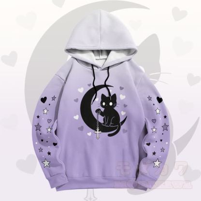 Modakawa Pullover-Hoodie mit Farbverlauf, schwarzer Katze und Mond-Grafik - Lila C - 6XL - image 3
