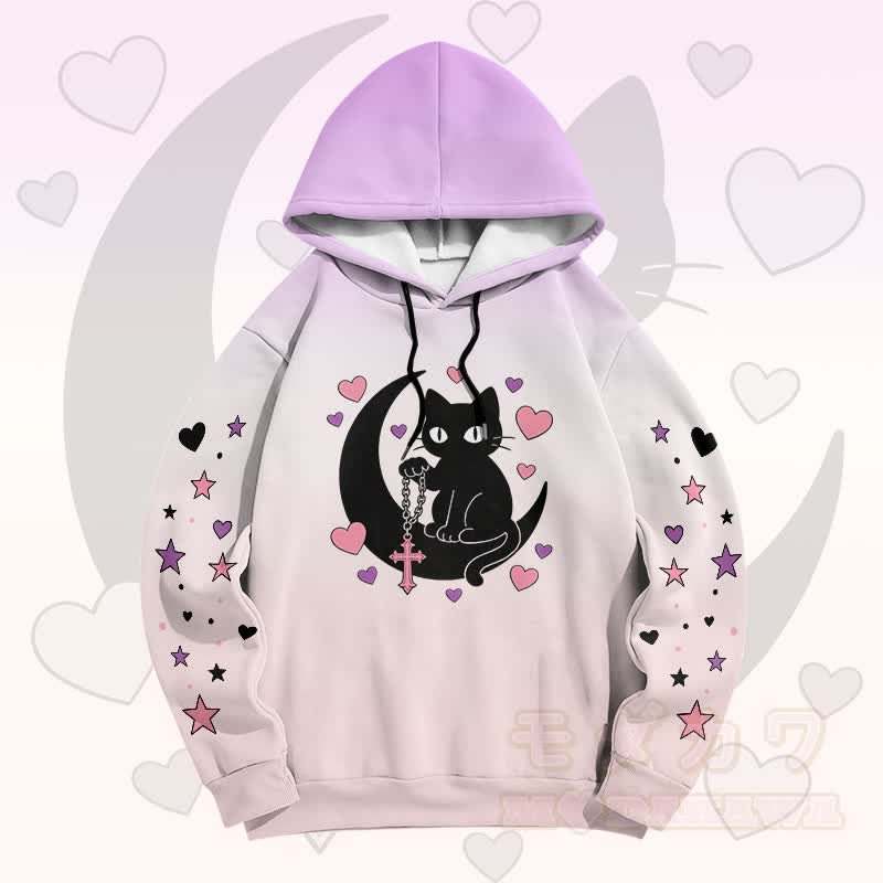 Modakawa Pullover-Hoodie mit Farbverlauf, schwarzer Katze und Mond-Grafik - Lila B - 6XL - image 2
