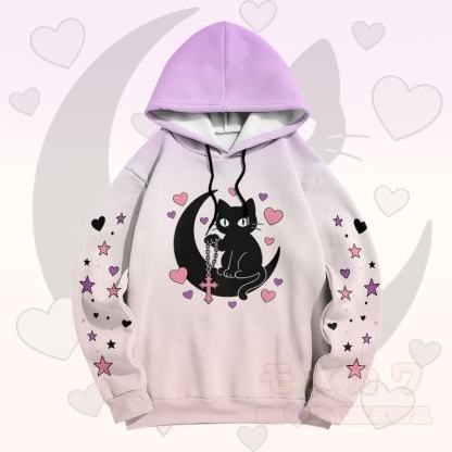 Modakawa Pullover-Hoodie mit Farbverlauf, schwarzer Katze und Mond-Grafik - Lila B - 6XL - image 2