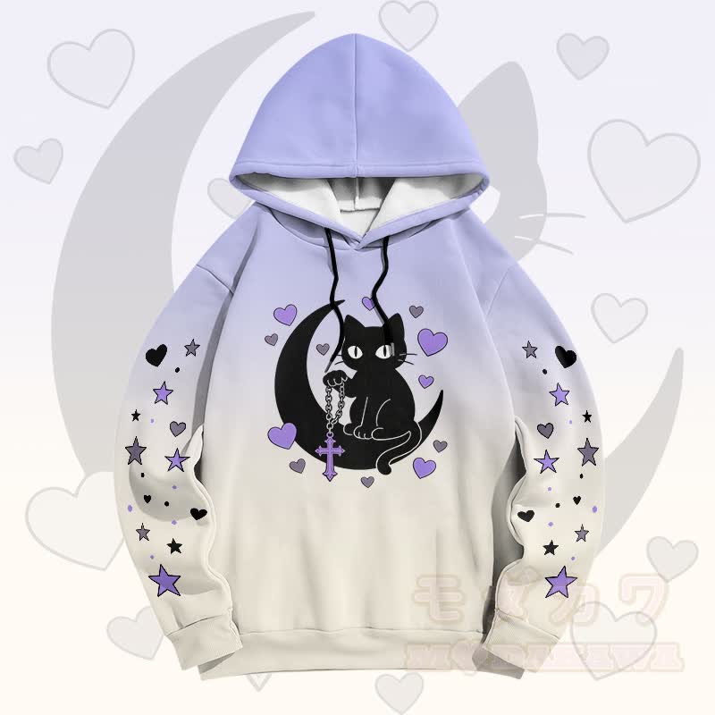 Modakawa Pullover-Hoodie mit Farbverlauf, schwarzer Katze und Mond-Grafik - Lila A - 6XL - image 1